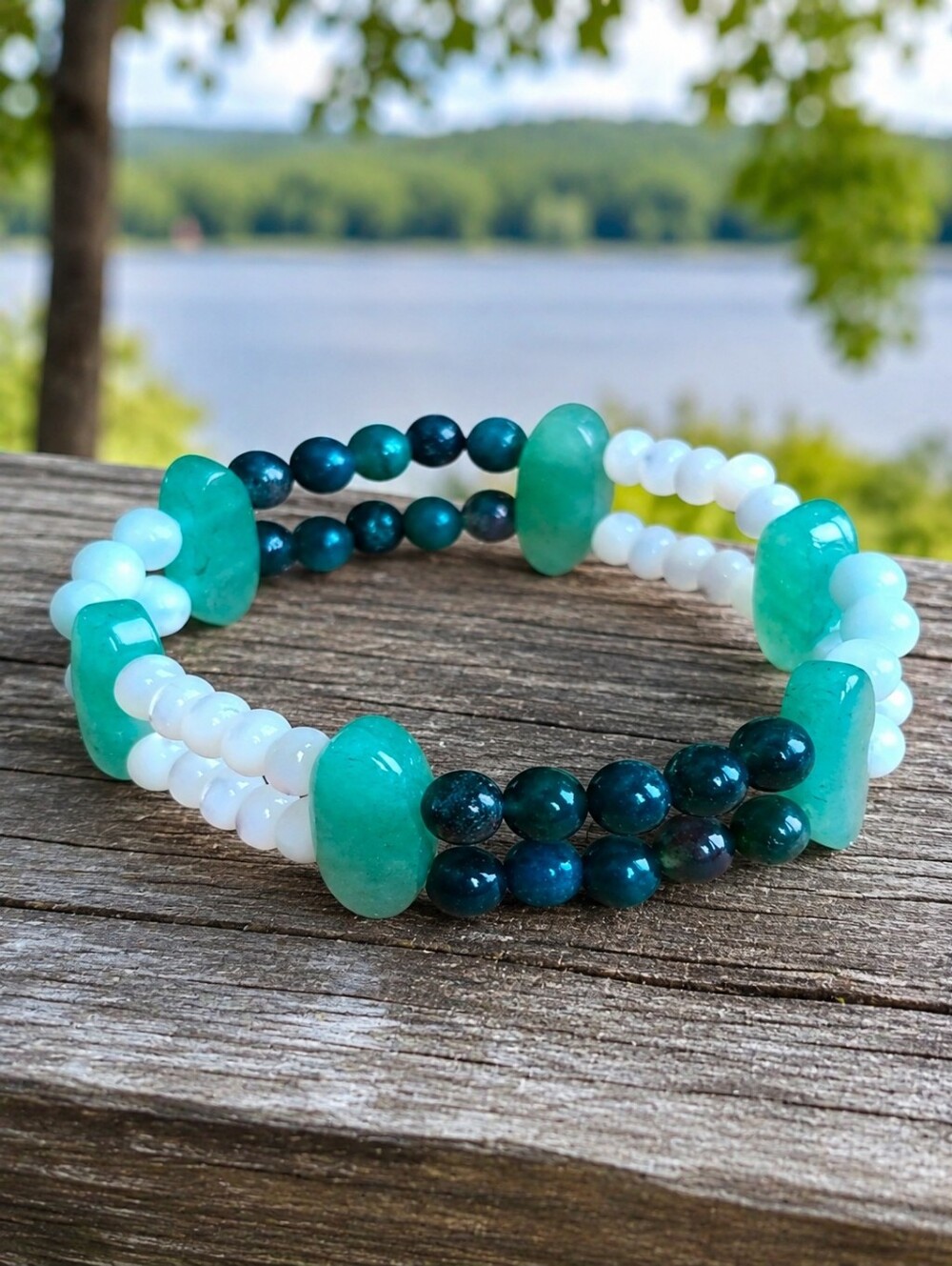 Green Aventurine, Indian Agate & Angelite Beaded Soft Bangle Bracelet